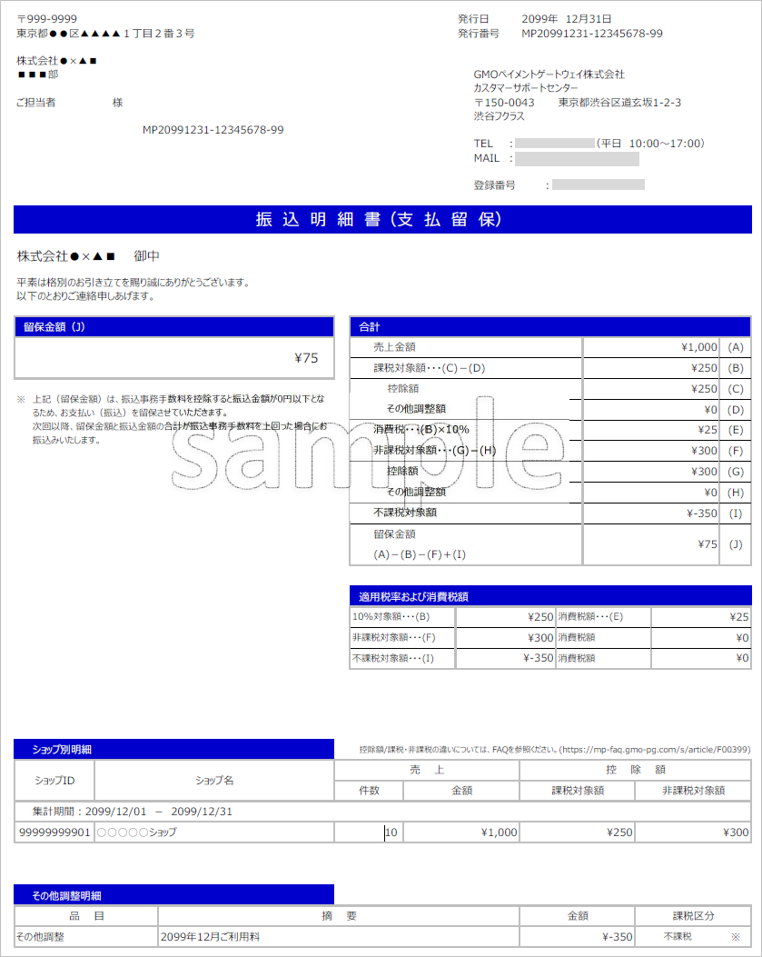 振込明細書／入金額が、振込事務手数料を上回らない場合